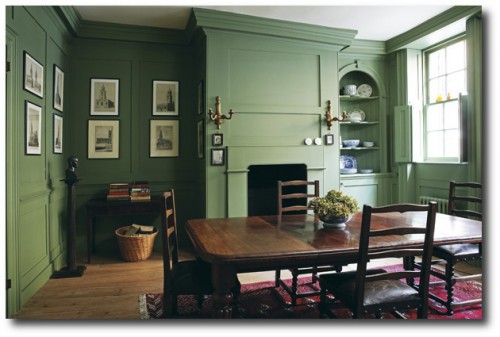 Farrow & Ball Calke Green on walls.