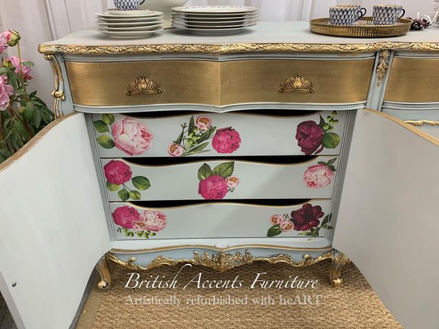 Marie Antoinette French Gold Floral Painted Sideboard - Cheryl Napolitano Anderson