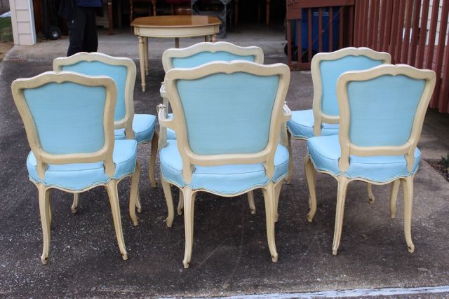 Vintage French Provincial Dining Set with 6 Blue Upholstered Louis XV Chairs