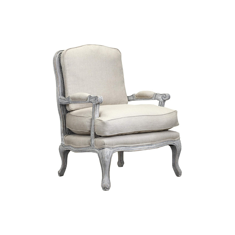 $840 – Heavily Distressed French Gray And Beige French Provincial Arm Chair