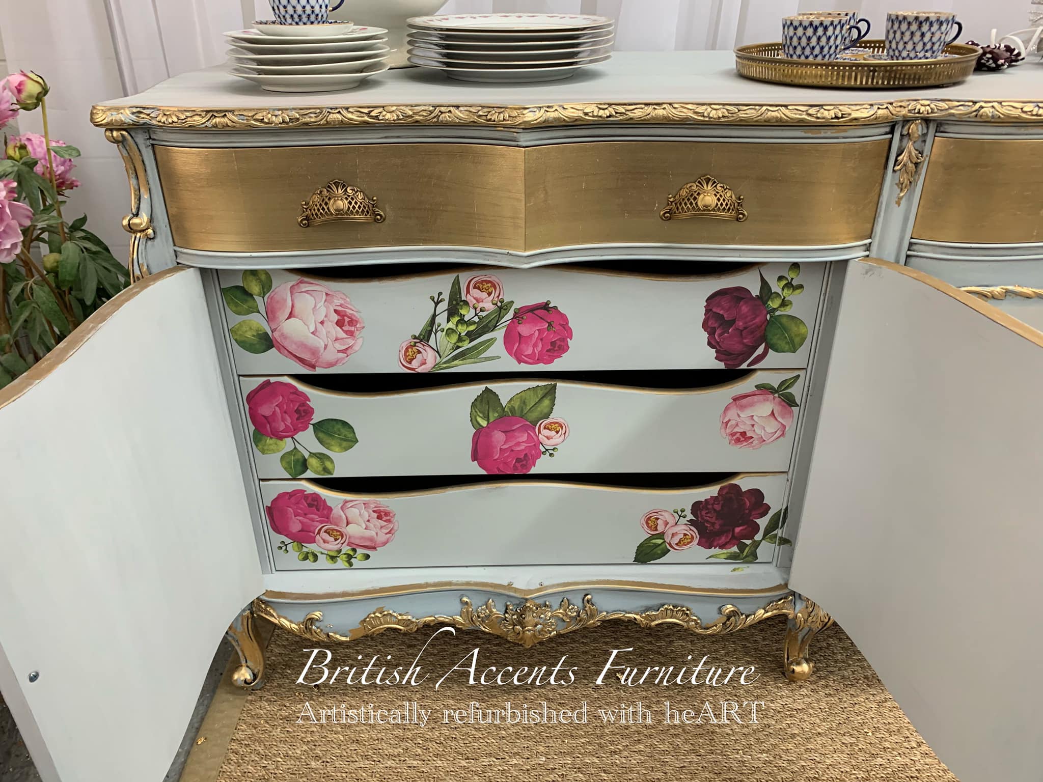 Marie Antoinette French Gold Floral Painted Sideboard – Cheryl Napolitano Anderson