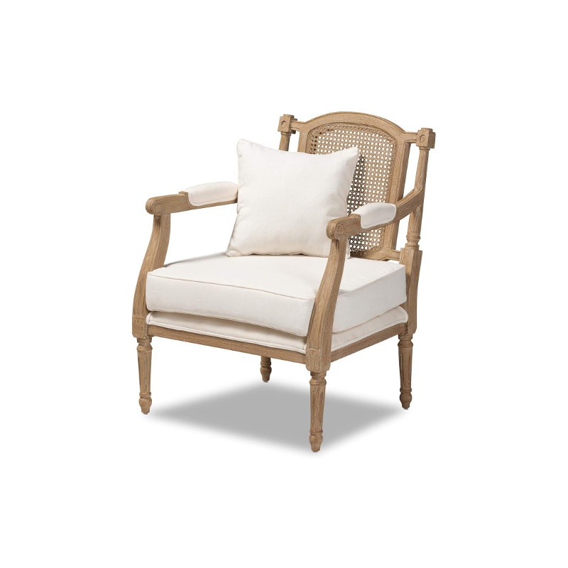 $460 – French Provincial Ivory Fabric Upholstered Whitewashed Wood Armchair