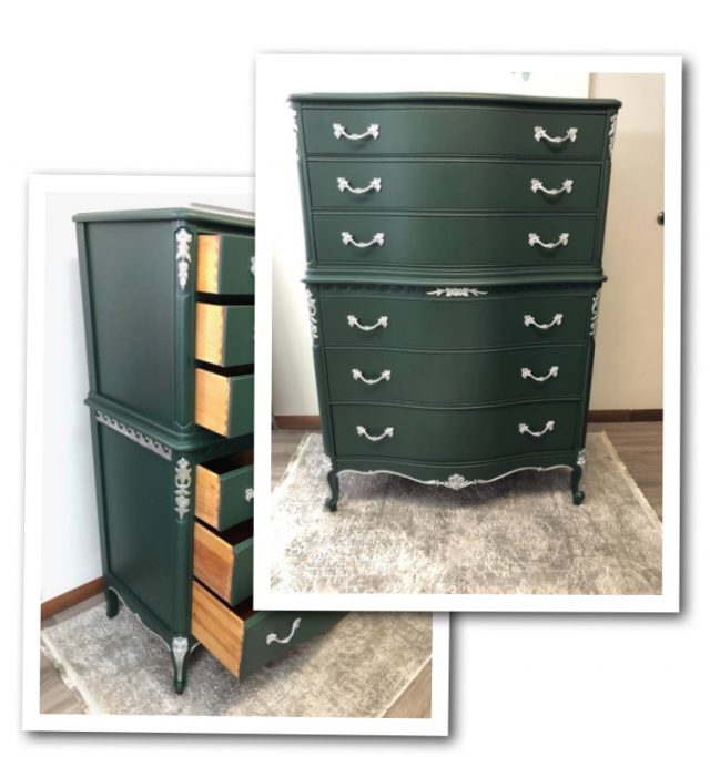Rustic Hunter Green And Silver French Provincial Highboy